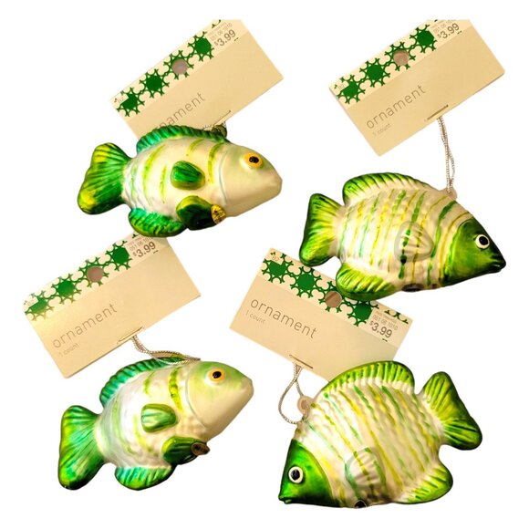 Set of 4 Green Fish Christmas Ornaments Holiday Decor Handpainted NWT DH860 - Picture 1 of 3